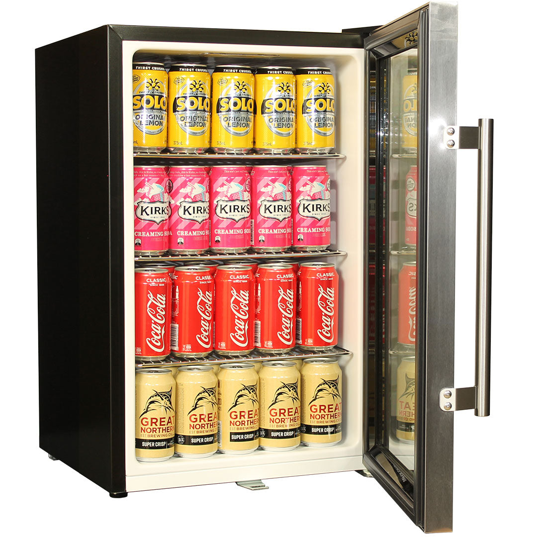 Tropical Glass Door Mini Bar Fridge Chromed Adjustable Shelves Blue Led Light And Holds 80 Cans - Model EC68-SSH