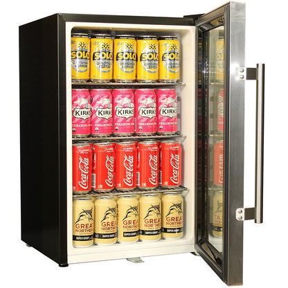 Tropical Glass Door Mini Bar Fridge Chromed Adjustable Shelves Blue Led Light And Holds 80 Cans - Model EC68-SSH