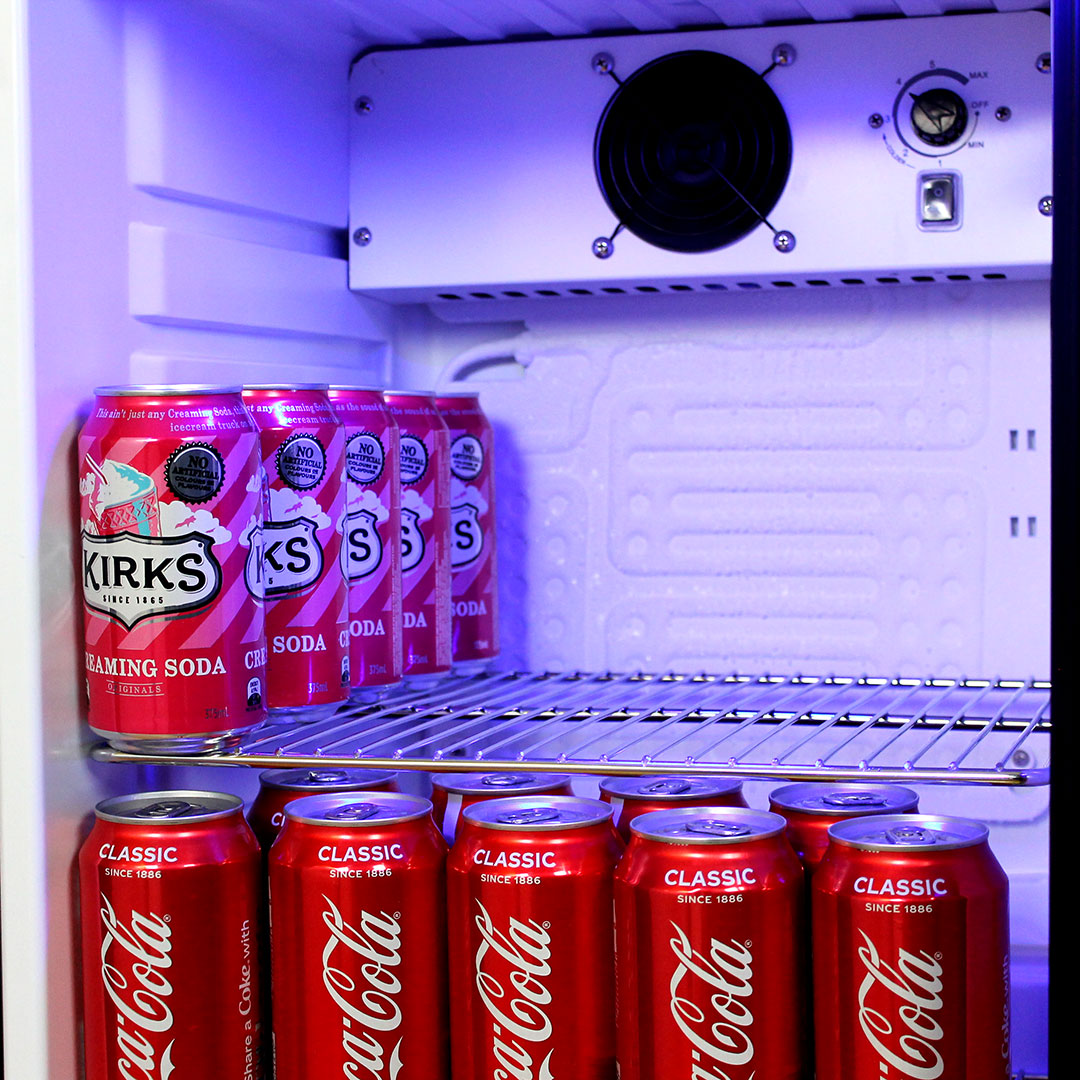 Tropical Glass Door Mini Bar Fridge Chromed Adjustable Shelves Blue Led Light And Holds 80 Cans - Model EC68-SSH