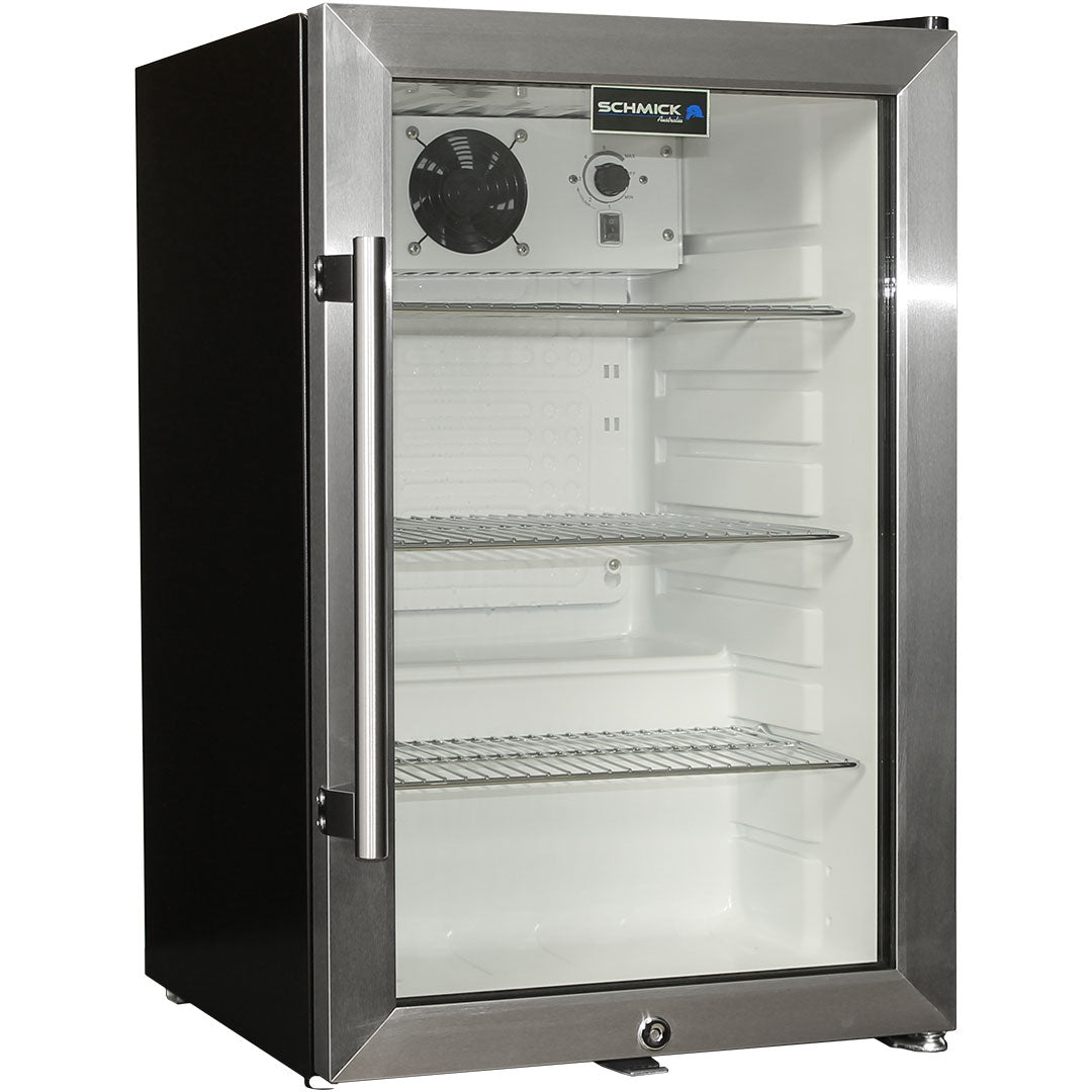 Tropical Glass Door Mini Bar Fridge Chromed Adjustable Shelves Blue Led Light And Holds 80 Cans - Model EC68-SSH