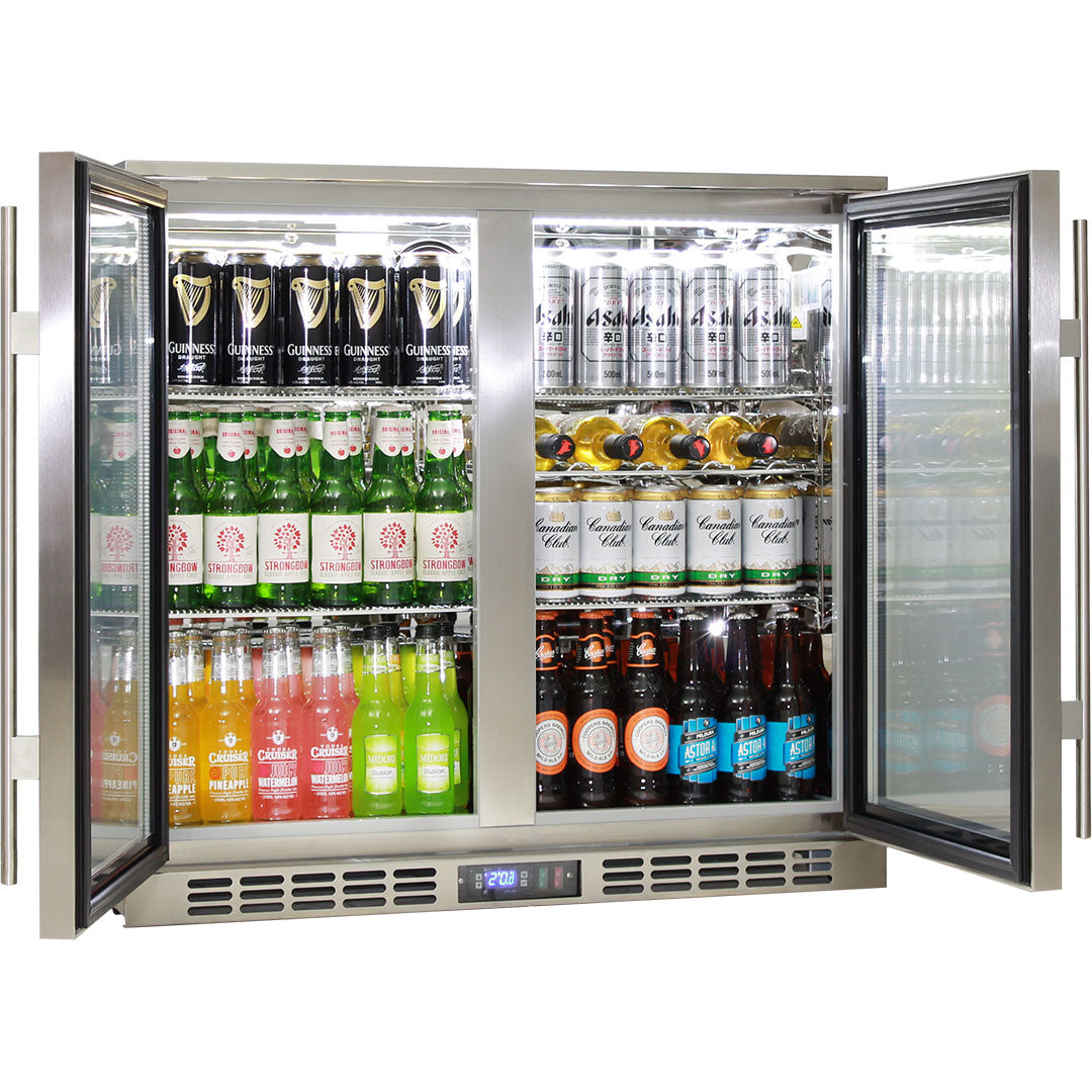 Rhino Stainless Steel 2 Door Quiet Running Heated Glass Bar Fridge - Model SG2H-HD