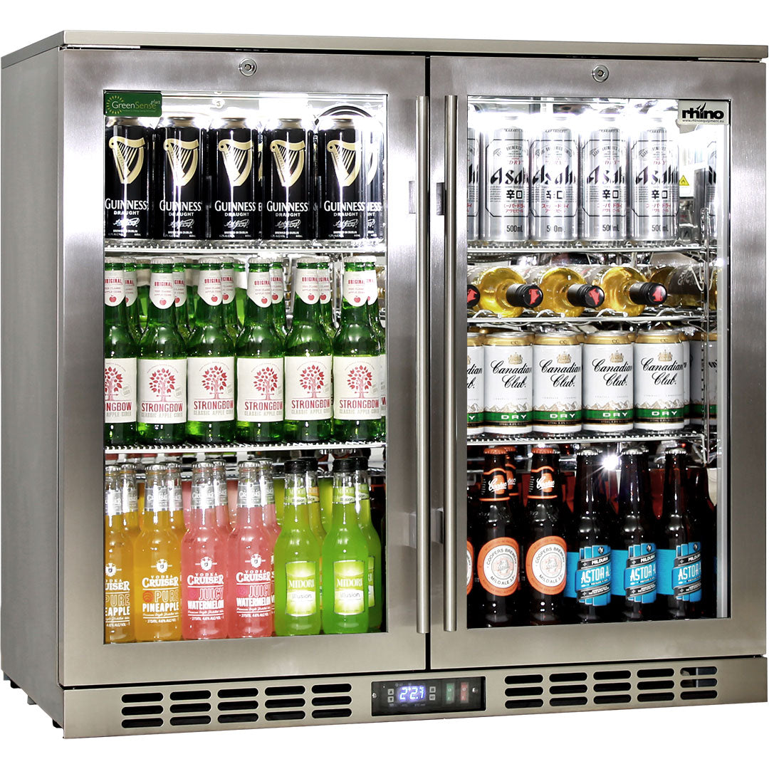 Rhino Stainless Steel 2 Door Quiet Running Heated Glass Bar Fridge - Model SG2H-HD