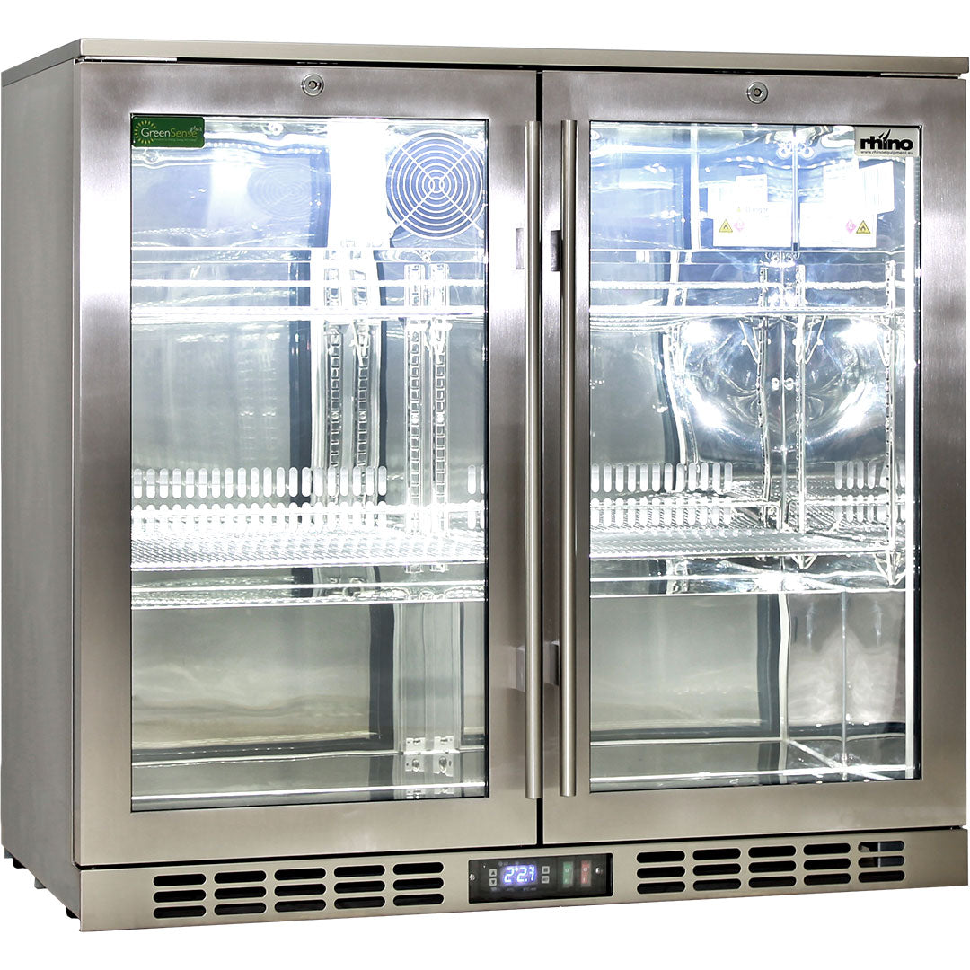 Rhino Stainless Steel 2 Door Quiet Running Heated Glass Bar Fridge - Model SG2H-HD