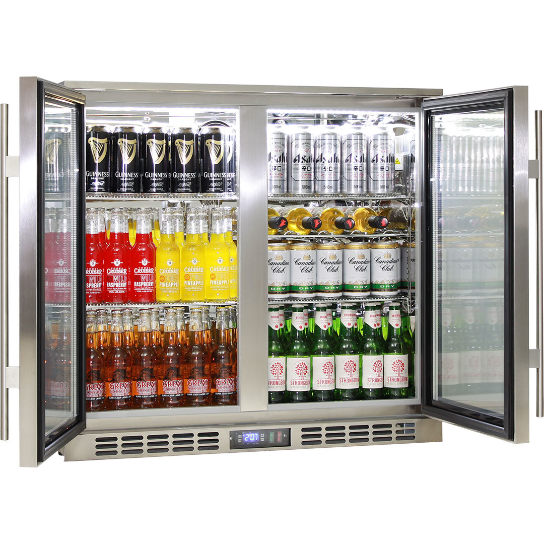 Rhino Stainless Steel 2 Door Quiet Running Heated Glass Bar Fridge - Model SG2H-HD
