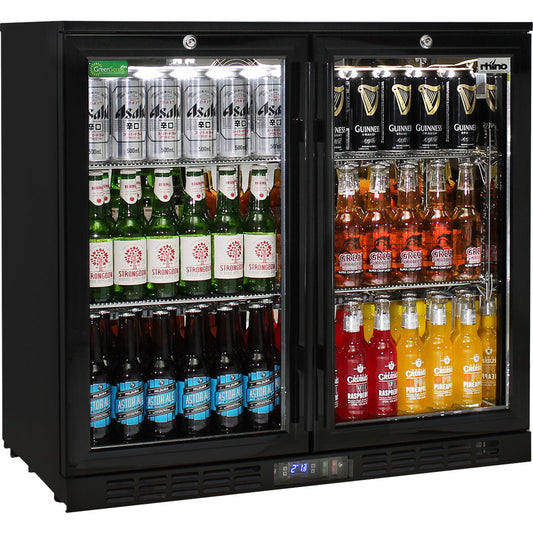 Commercial Under Bench Quiet Running Black Glass Double Door Bar Fridge Energy Efficient - Model SG2H-B