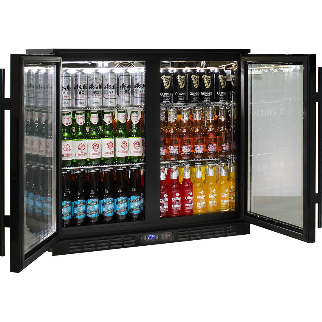 Commercial Under Bench Quiet Running Black Glass Double Door Bar Fridge Energy Efficient - Model SG2H-B