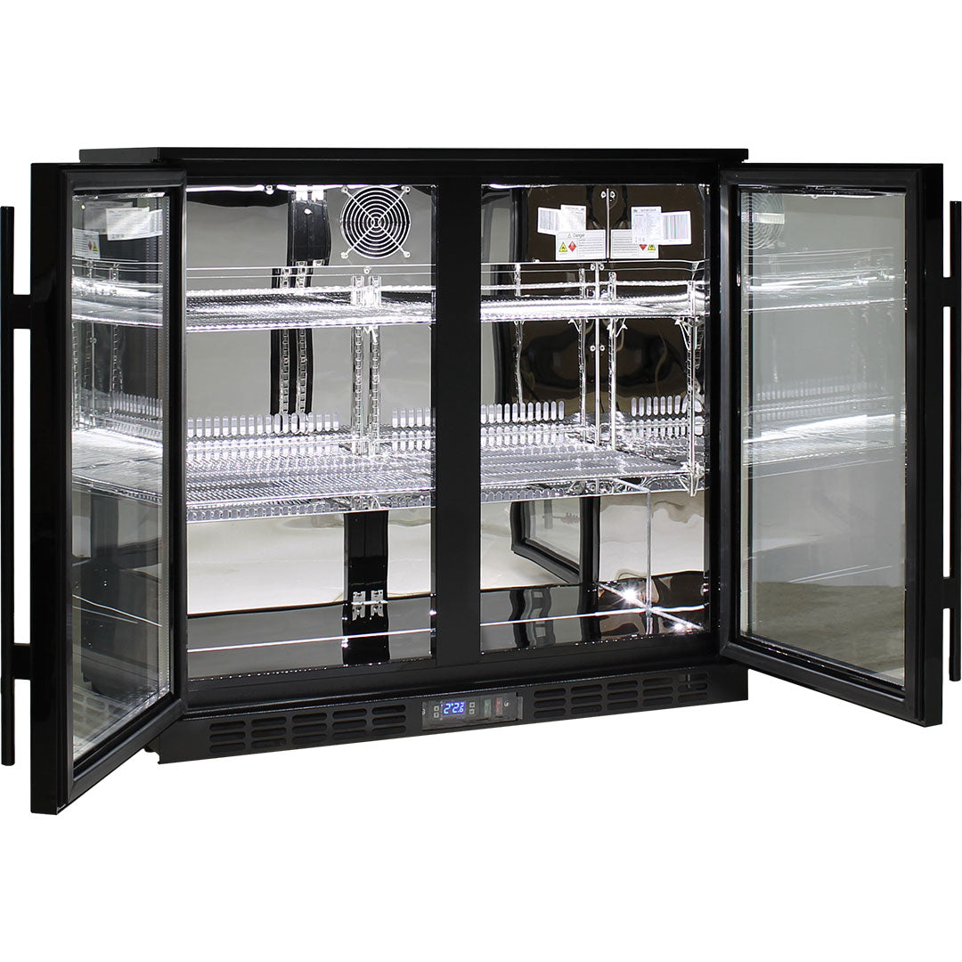Commercial Under Bench Quiet Running Black Glass Double Door Bar Fridge Energy Efficient - Model SG2H-B