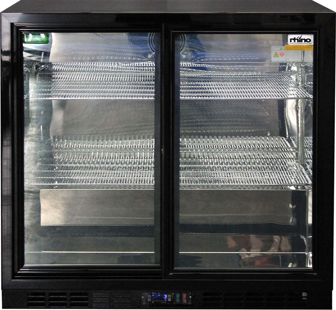 Rhino Black Glass Sliding Under Bench 2 Door Bar Fridge Energy Efficient LG Compressor - Model SG2S-B