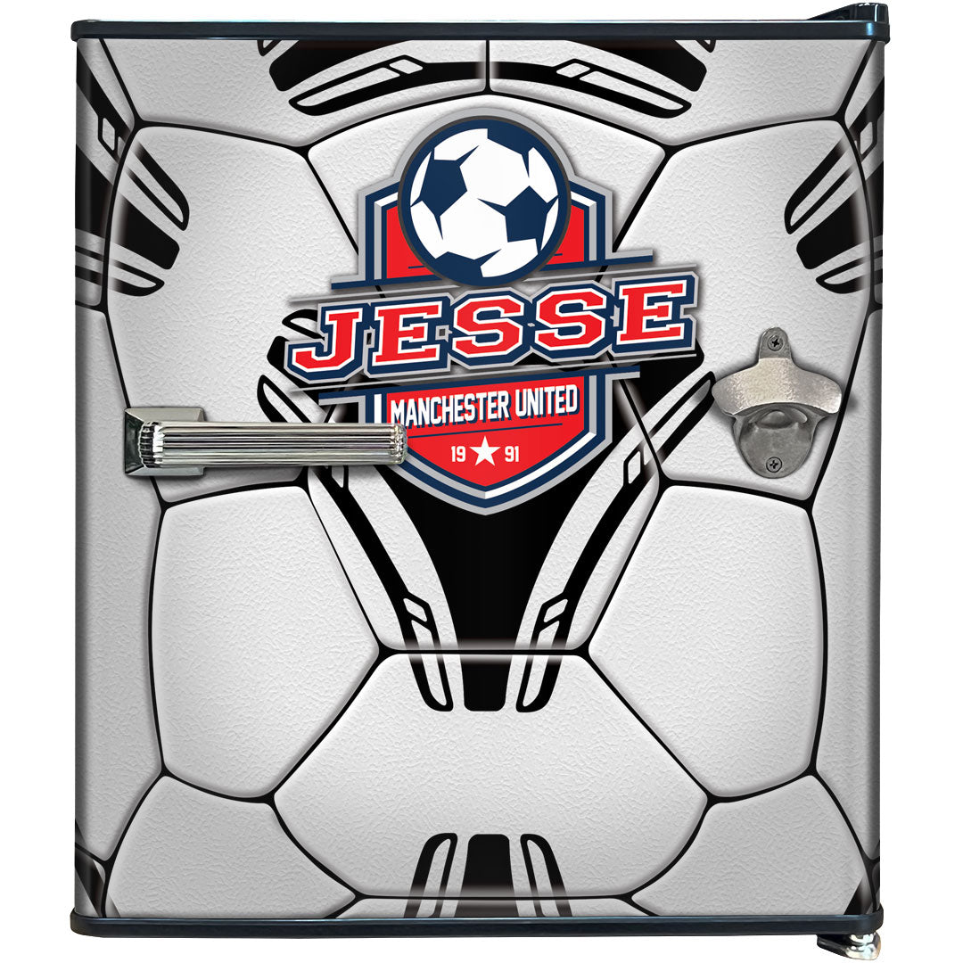 Funky Soccer Ball Football Design Mini Bar Fridge With Handle And Opener - Add Your Name - Model BC46B-SOCCER